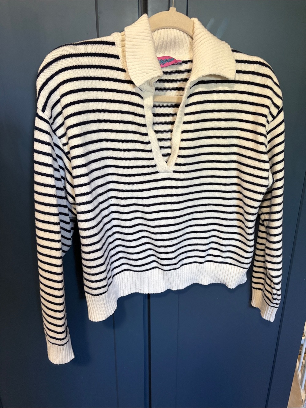 Edikted Ivory & Black Striped V-Neck Collared Sweater
